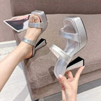 IVORIA Eleve Square-Toe Block Leather Heel Sandals