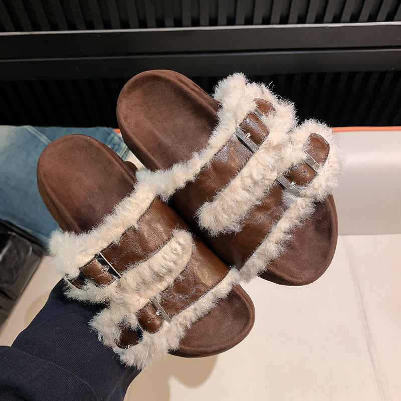 IVORIA CozyLuxe Leather Buckle Slides