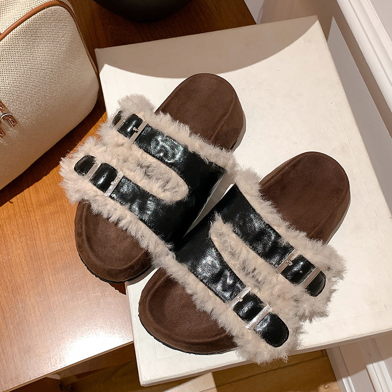 IVORIA CozyLuxe Leather Buckle Slides