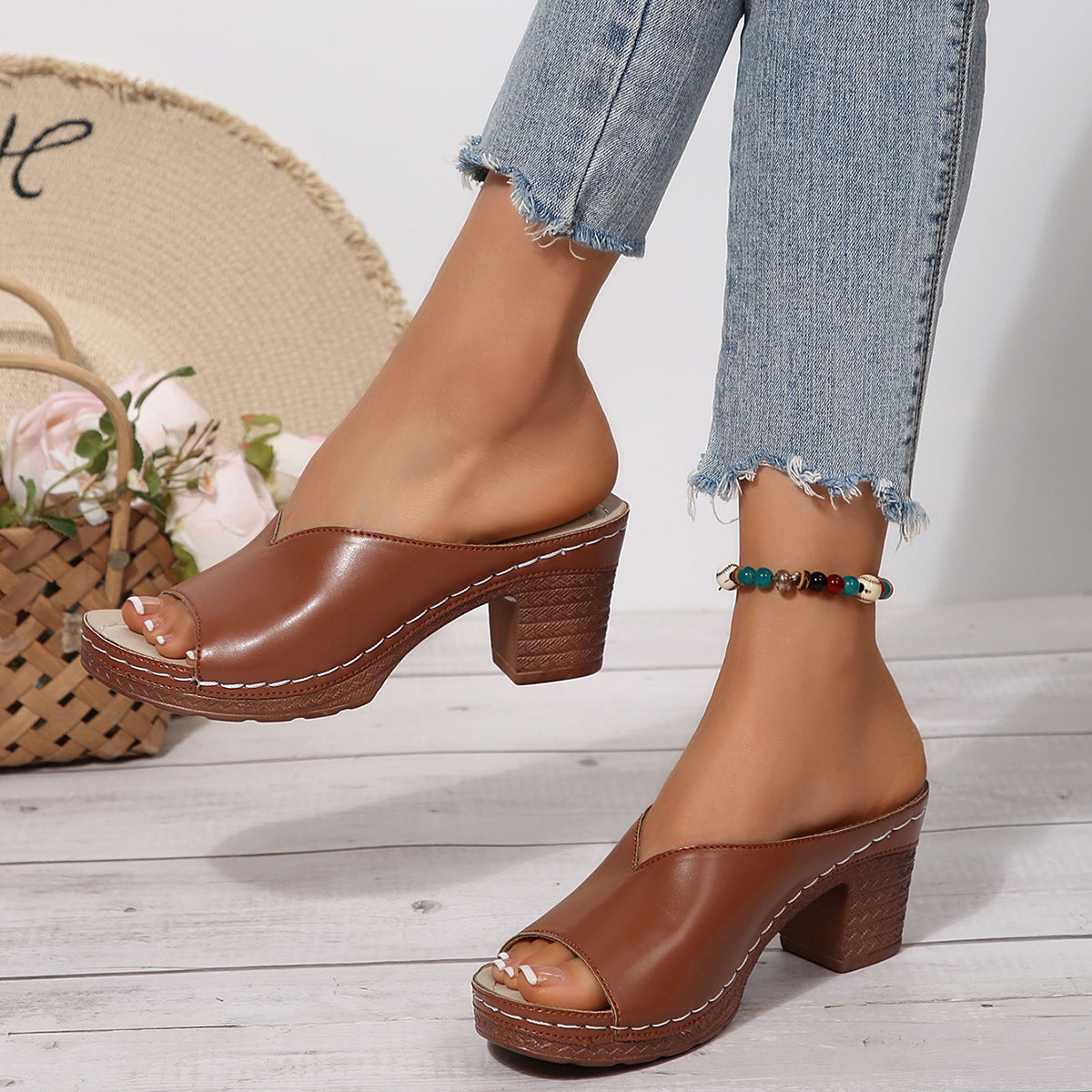 IVORIA TerraGrace Chunky Heel Peep-Toe Mules