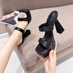 IVORIA Eleve Square-Toe Block Leather Heel Sandals