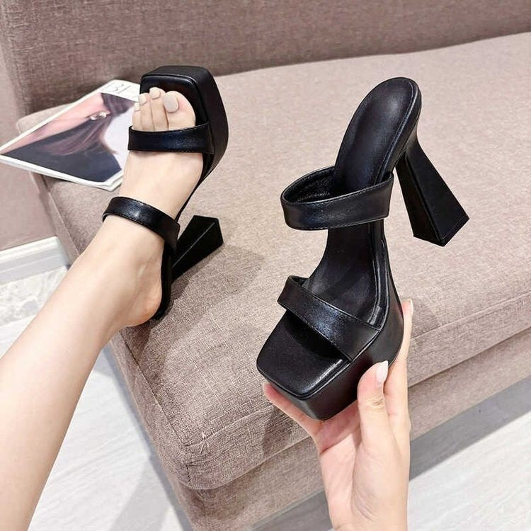 IVORIA Eleve Square-Toe Block Leather Heel Sandals